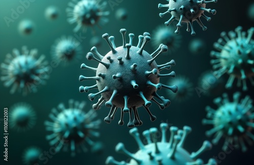 3D illustration shows virus cells. Microorganisms infectious agents. Close up view. Medical concept illustration. Virus infection cells in dark teal. Micro world. Visualizes epidemic danger. photo