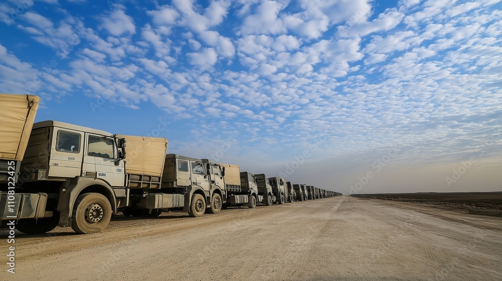 Obraz premium Empty aid trucks on a desolate desert road, symbolizing the gap between humanitarian efforts and the harsh realities of crisis zones
