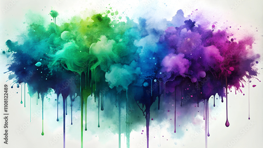 Fototapeta premium Ink bleed effect with soft washes of purple, blue, and green blending into the background