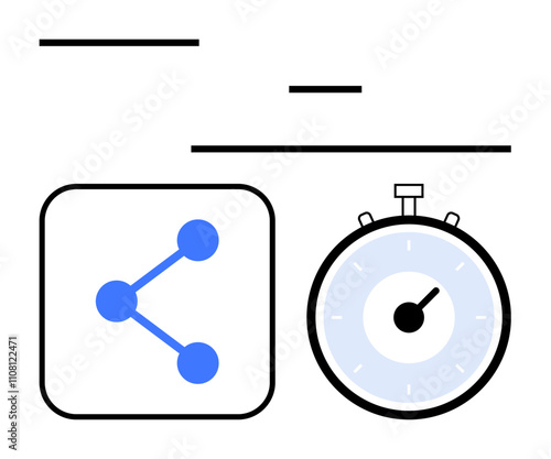 Square icon with sharing symbol and stopwatch set against a clean layout. Ideal for productivity, connectivity, social media, time management, efficiency, digital tools, and workflow. Line metaphor