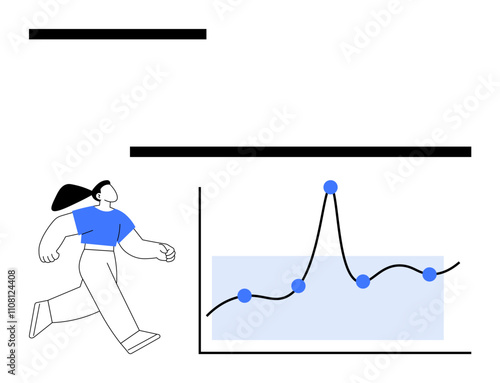 Energetic person moving towards a fluctuating graph with blue trend points. Ideal for business success, growth analysis, data trends, achievements, forward momentum, strategic planning, motivation