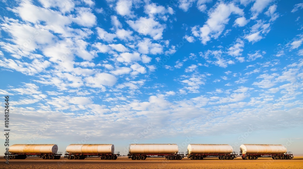 Fototapeta premium Empty aid trucks on a desolate desert road, symbolizing the gap between humanitarian efforts and the harsh realities of crisis zones