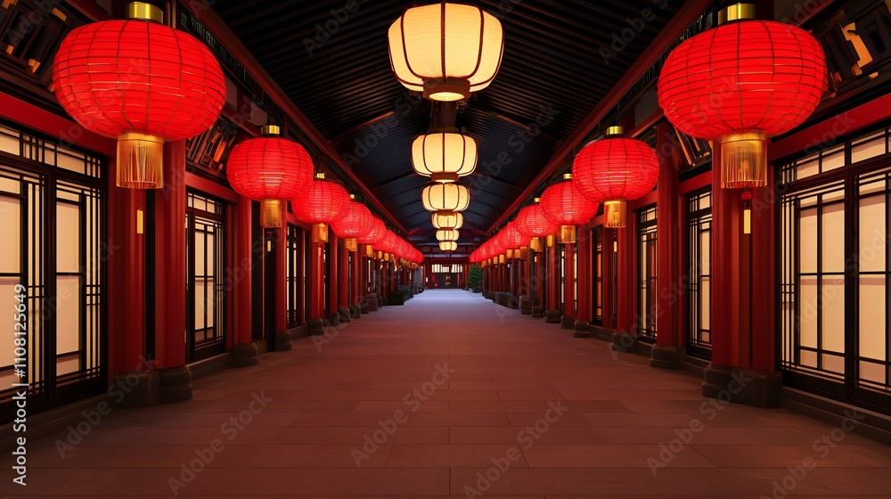 Festive Red Lanterns Illuminated Corridor Asian Architecture Night Scene Festive Red Lanterns Illuminated Corridor Asian Architecture Night Scene