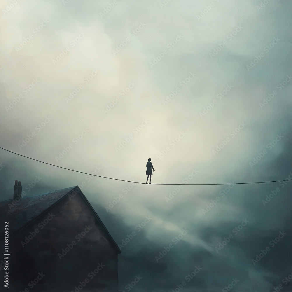 Silhouette of a person walking on a tightrope above a house in a misty and cloudy atmospheric scene, suggesting themes of balance, risk, and solitude in a surreal setting. Silhouette of a person walking on a tightrope above a house in a misty and cloudy atmospheric scene, suggesting themes of balance, risk, and solitude in a surreal setting.