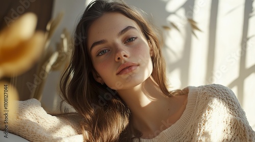 Young woman with brown hair in a cream sweater, sunlight illumin photo