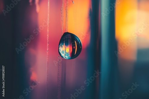 A single water droplet reflects a vibrant sunset scene photo