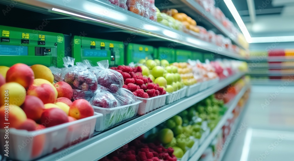 Fresh produce displayed on store shelves with vibrant colors and appealing arrangements Fresh produce displayed on store shelves with vibrant colors and appealing arrangements
