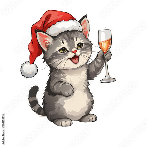 Cute cartoon kitten wearing a Santa hat and holding a champagne glass with a festive mood, vector