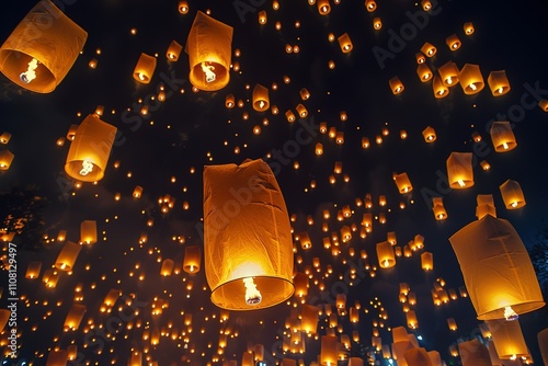 Traditional fire lanterns being released into the night sky during the Yeepeng festival, also referred to as Loi Krathong, in Chiang Mai, Thailand, Asia