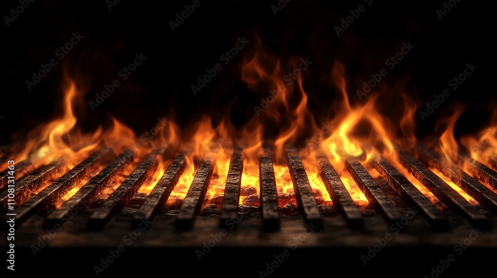 A close-up of a grill with flames, suggesting cooking or grilling activities. A close-up of a grill with flames, suggesting cooking or grilling activities.