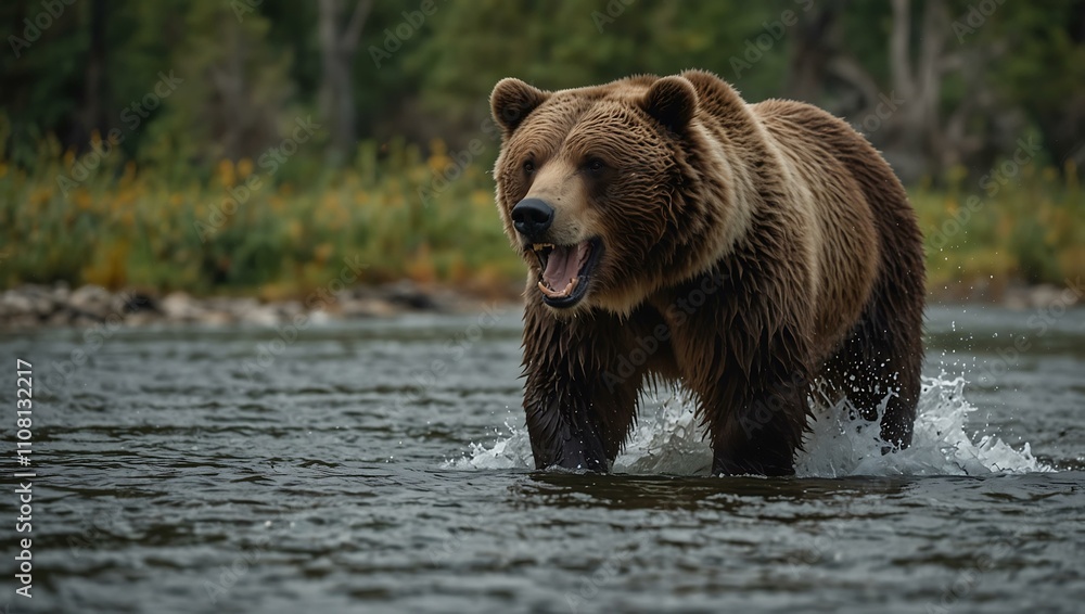 Powerful grizzly bear roaring at a river's edge. Powerful grizzly bear roaring at a river's edge.