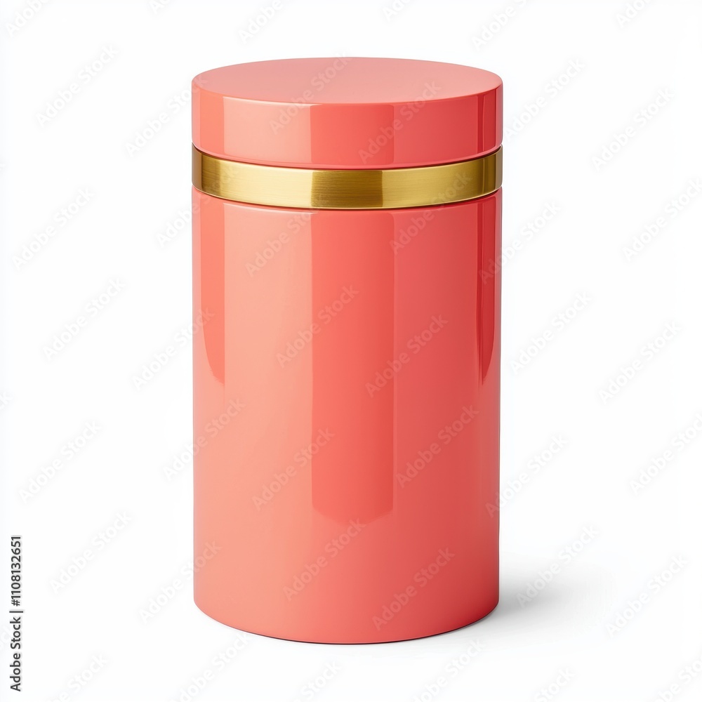 A sleek, cylindrical container in coral pink with a gold band, perfect for storage or decoration, isolated on white background for di-cut A sleek, cylindrical container in coral pink with a gold band, perfect for storage or decoration, isolated on white background for di-cut