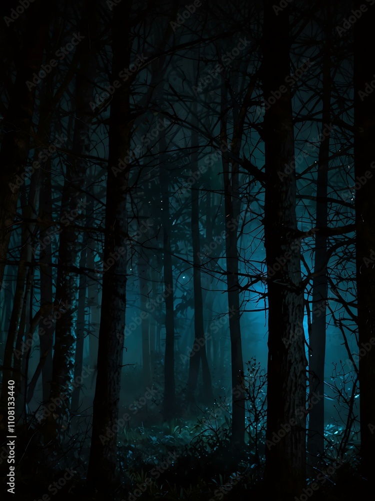 Obraz premium Predatory eyes peering through a dense, dark forest at night.