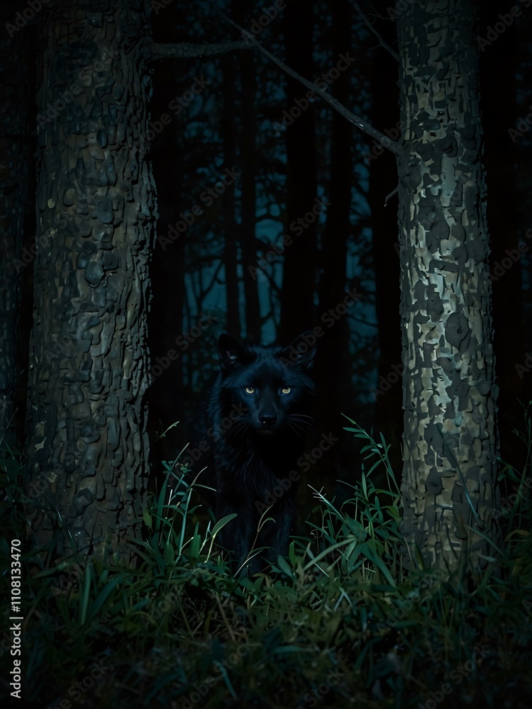 Naklejka premium Predatory eyes peering through a dense, dark forest at night.