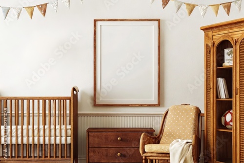 Vintage inspired nursery with wooden furniture, warm tones, and soft accents, featuring a blank frame for personalization and bunting for added charm