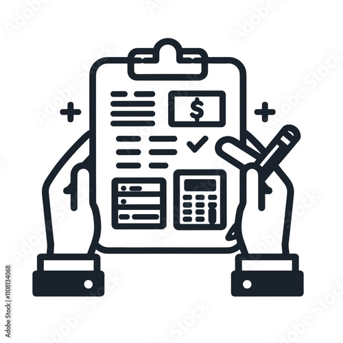 Icon of hands holding a tax document with a calculator, tax season, financial planning