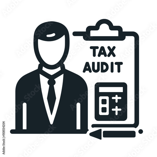 Tax icon depicting a businessman with a tax audit clipboard and calculator