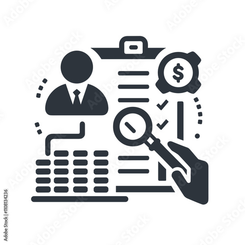 Tax icon illustrating a tax audit process with a businessman, checklist, and magnifying glass