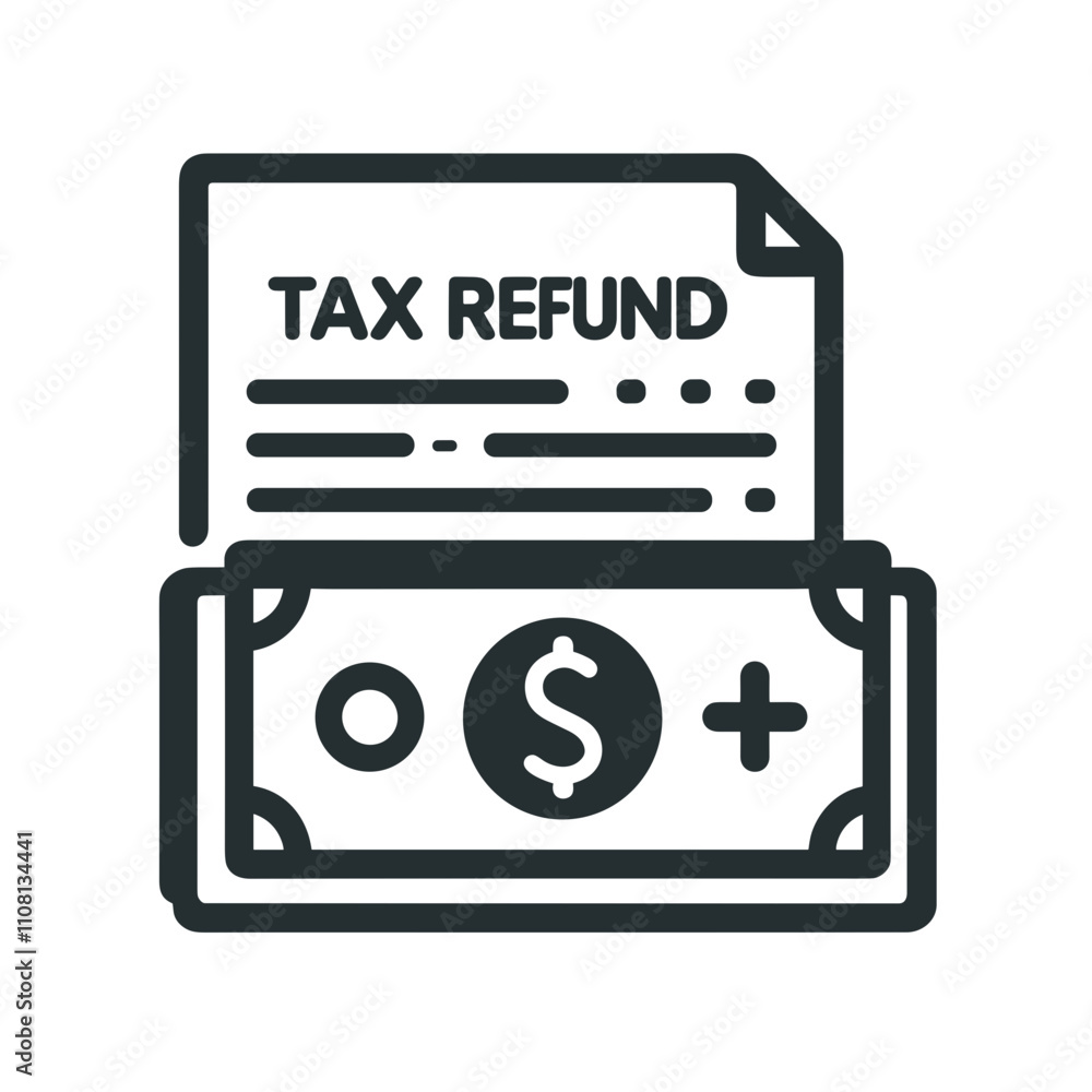 Tax icon featuring a tax refund document along with cash Tax icon featuring a tax refund document along with cash