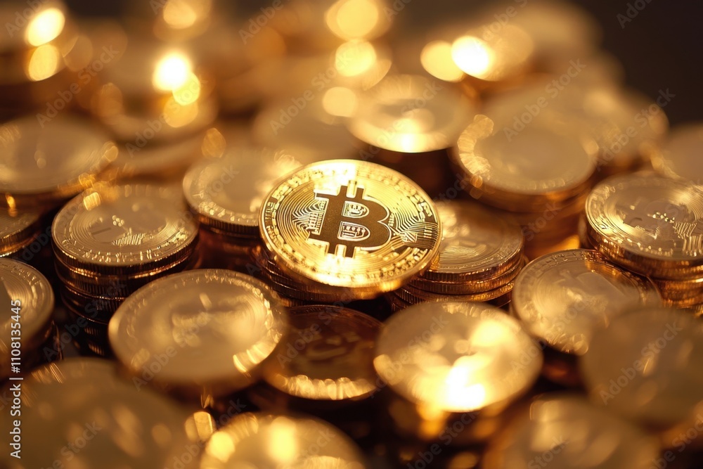 A close-up of the Bitcoin logo on top of gold coins, against a dark background highlights the golden texture of the metallic surface of each coin Generative AI A close-up of the Bitcoin logo on top of gold coins, against a dark background highlights the golden texture of the metallic surface of each coin Generative AI