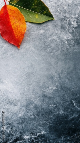 Autumn leaves on dark stone background.