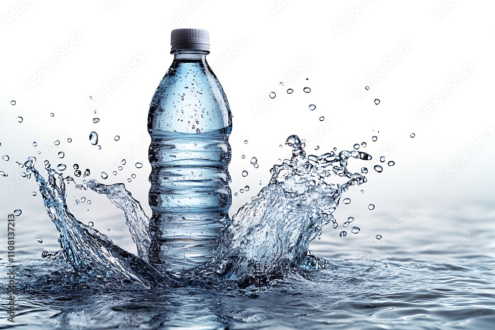 Water bottle splashing in clear water, emphasizing hydration. Water bottle splashing in clear water, emphasizing hydration.