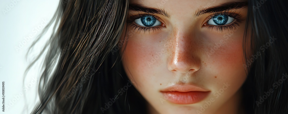 Fototapeta premium portrait of young girl with dark black hair and bright blue eyes, gentle face, light skin, expressive look appearance, beauty model, fashion style face banner