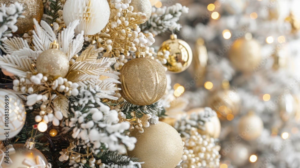 A gold and white Christmas tree decorated with ornaments close up A gold and white Christmas tree decorated with ornaments close up