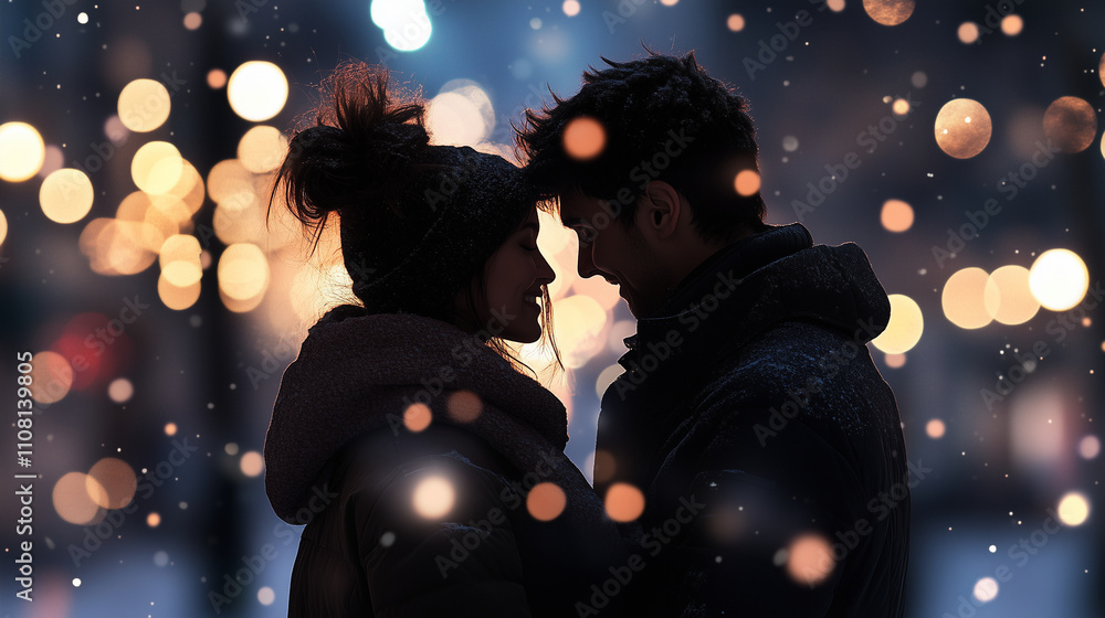 Fototapeta premium A joyful winter embrace between a couple, surrounded by softly drifting snowflakes and a cascade of warm bokeh lights sparkling behind them