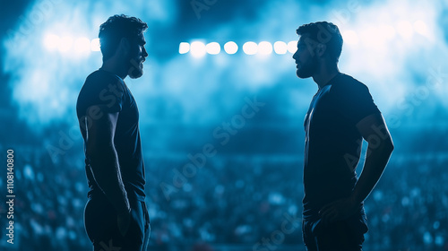 Two football players in a gripping standoff during a key moment of the game, the stadium lights blazing and the crowd roaring with anticipation