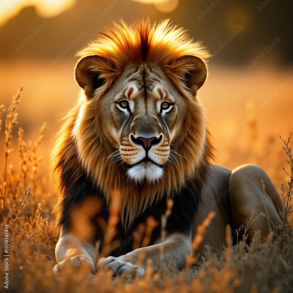 Obraz premium Majestic lion basking in warm golden sunset light. Lion mane glows. Wild animal portrait in nature. Predator rests in grassland. Safari scene. Big cat hunter. Powerful king of jungle. Stunning