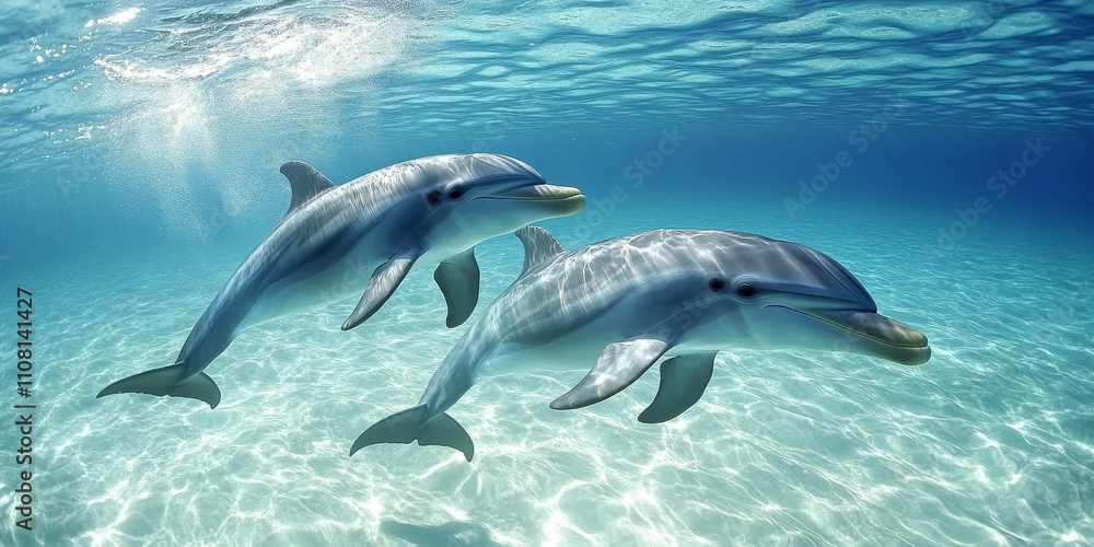 Fototapeta premium Bottlenose Dolphins Swimming Through Crystal Clear Ocean Water
