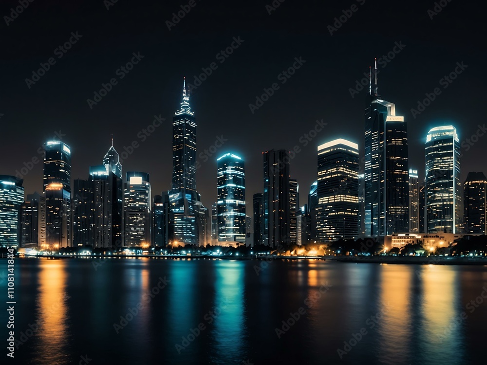 Obraz premium Radiant cityscape at night with skyscrapers reflecting on water.