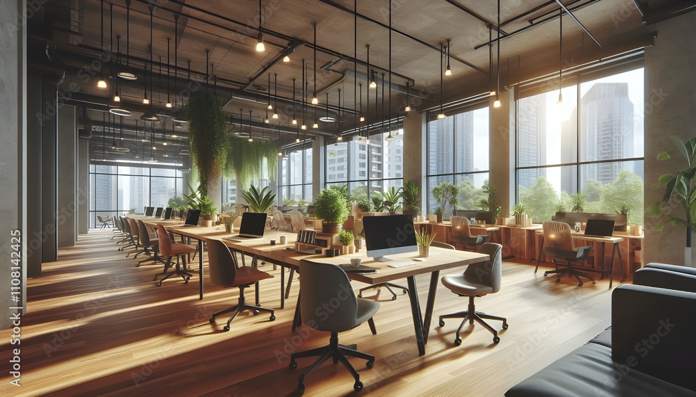 Fototapeta premium Modern Office Space with Large Windows and Plants