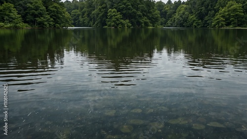 Rain ripples on a tranquil lake.