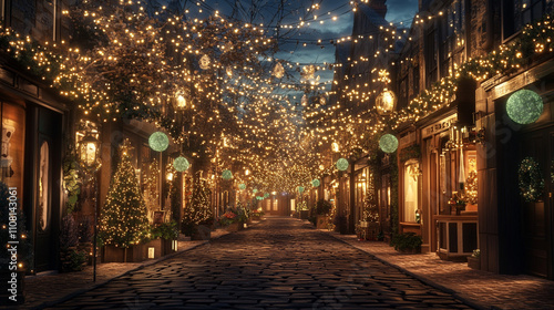 Magical Christmas Street  Festive Night  Cobblestone Lane  Holiday Lights  Winter Wonderla photo