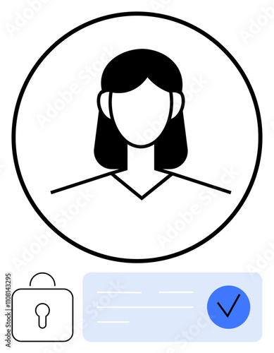 Female user avatar inside circle, blue verification checkmark badge, lock symbol, and identification card. Ideal for online security, user authentication, profile setup, identity verification