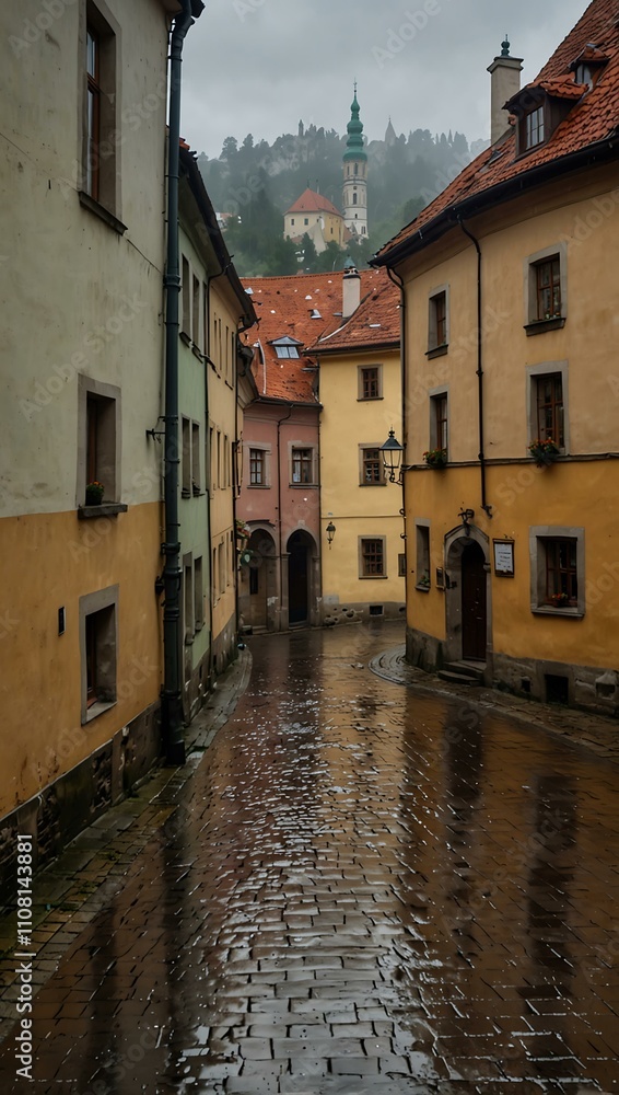 Obraz premium Rainy day in Cesky Krumlov, Czech Republic.