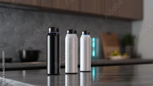 A set of sleek, self-cleaning reusable water bottles with UV sterilization, shown on a modern kitchen countertop