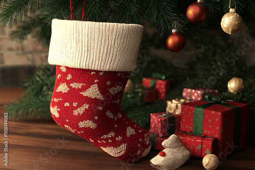 A detailed 3D rendering of a Christmas stocking crafted from soft knitted fabric with festive patterns. The stocking is filled with small wrapped gifts and candy canes, hanging by a cozy fireplace. Th photo