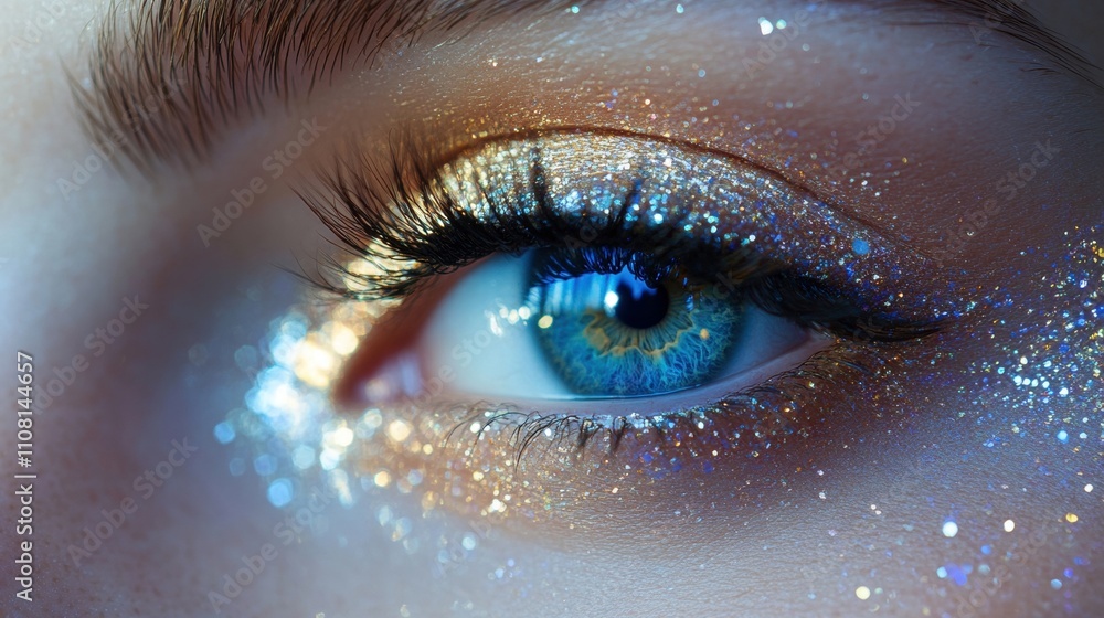 Elegant Evening Makeup Close-Up of Model's Eyes with Sparkle Elegant Evening Makeup Close-Up of Model's Eyes with Sparkle