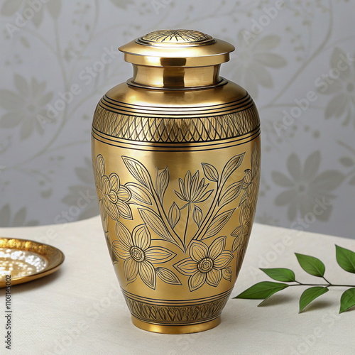 Wallpaper Mural Golden Floral Urn with Engraved Details - Elegant Memorial Keepsake Torontodigital.ca