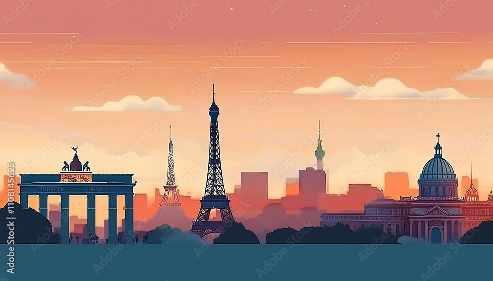 Naklejka premium Showcasing the silhouettes of Berlin and iconic landmarks against a vibrant sunset sky