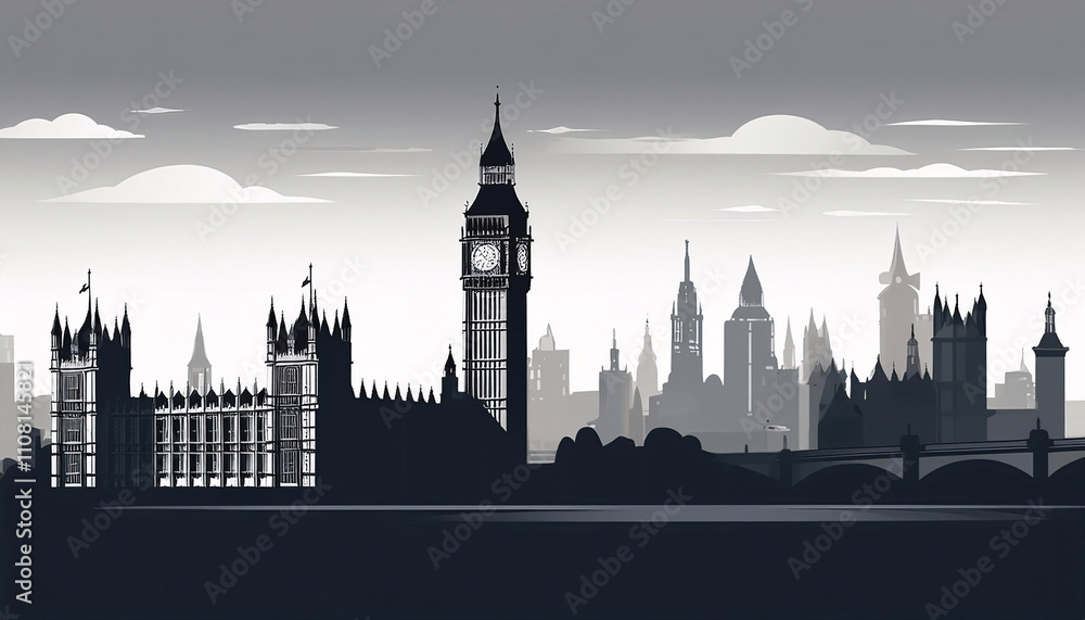 Fototapeta premium Showcasing London's Iconic Skyline in Elegant Silhouette with Big Ben at Dusk