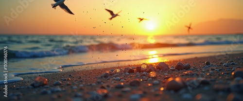 Seagulls Flying Over Sunset Beach - Peaceful Ocean Scene at Dusk