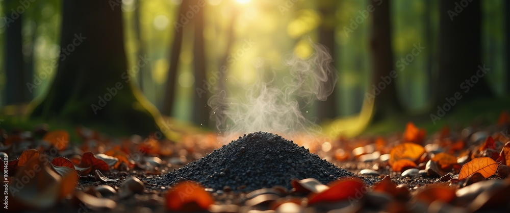 Fototapeta premium Steaming Ashes in Autumnal Forest - Memorial Nature Symbolism