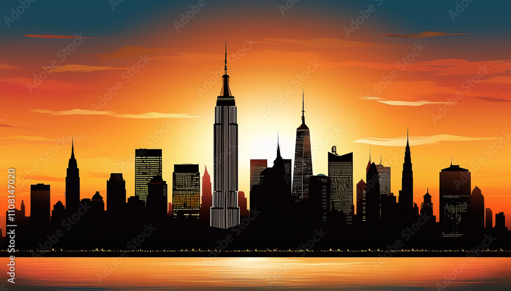 Silhouette of New York City skyline at sunset with vibrant colors and ...