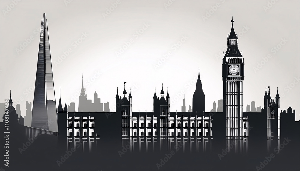 Fototapeta premium Stylized banner showcasing London's iconic landmarks featuring the Shard, Big Ben, and Westminster with ample copy space for promotional content