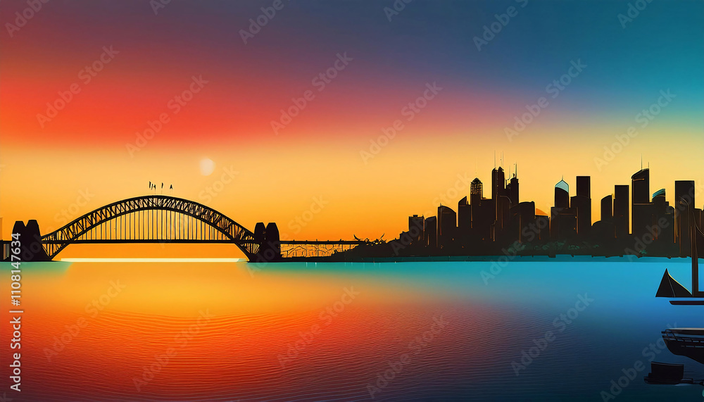 Obraz premium Stylish banner showcasing the silhouette of Sydney at sunset with the iconic Opera House and Harbour Bridge