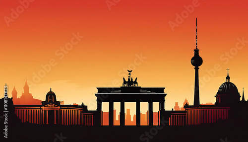 Stunning silhouette of Berlin skyline at sunset featuring the iconic Brandenburg Gate and television tower